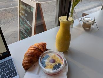 High angle view of breakfast on table