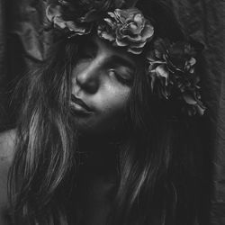 Close-up of woman wearing wreath