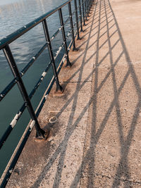 High angle view of metal fence by railing