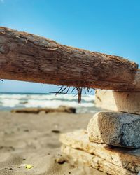 Close-up of wood against clear blue sky