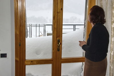 Rear view of woman standing in front of window