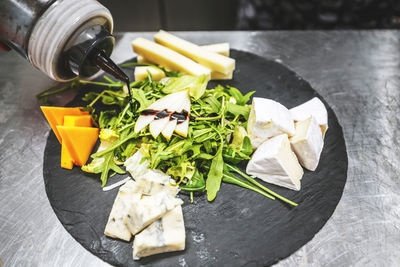 High angle view of chopped vegetables on table