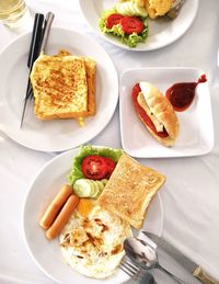 High angle view of breakfast served on table