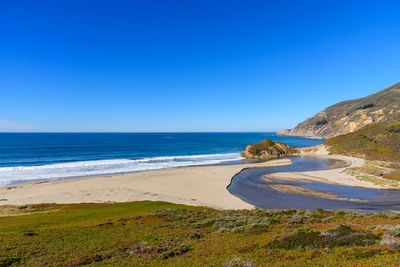 Scenic view of sea against clear blue sky