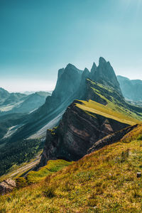 Panoramic view of the seceda, high mountain in the dolomites in south tyrol, italy.