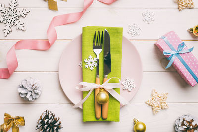 Directly above shot of christmas decorations on table