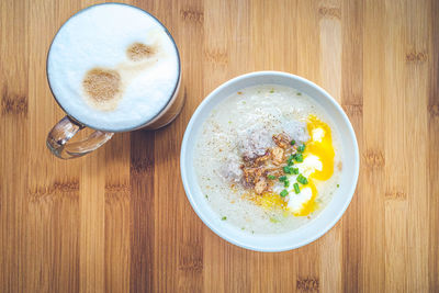 High angle view of breakfast served on table