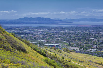 Provo landscape and utah lake bonneville shoreline trail bst wasatch front rocky mountains. usa