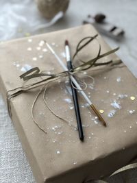 Close-up of wrapped christmas gift