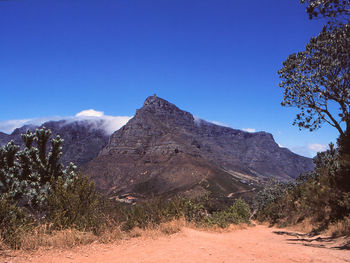 Scenic view of mountain against blue sky