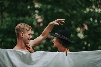 Young couple kissing outdoors