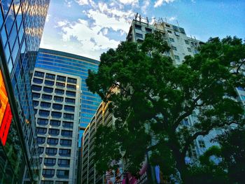 Low angle view of trees in city against sky