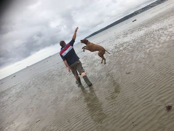 People on beach against sky