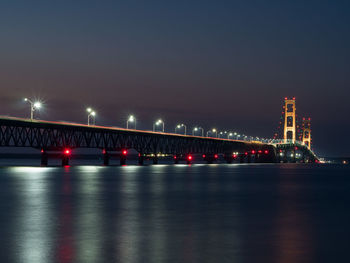 Illuminated mackinac bridge over strait at night