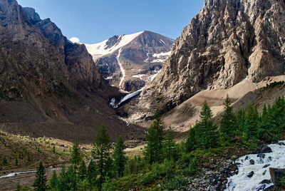 Scenic view of rocky mountains against clear sky