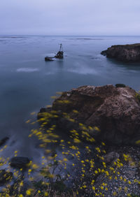 Scenic view of rocks in sea against sky