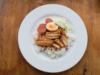 High angle view of food in plate on table