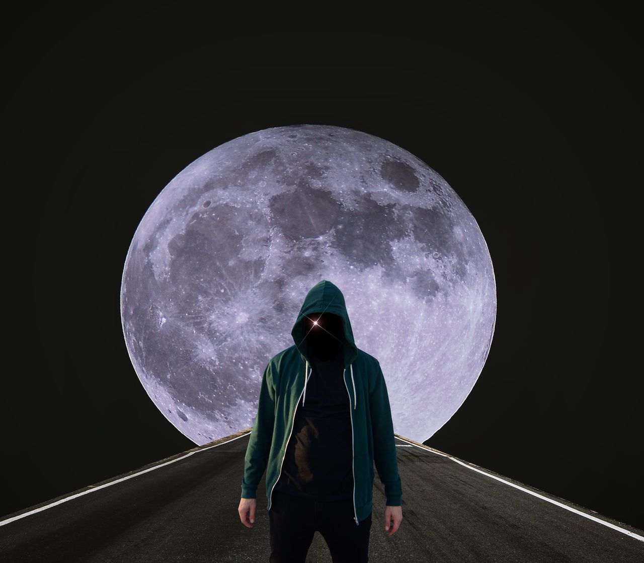 REAR VIEW OF MAN SITTING AGAINST FULL MOON