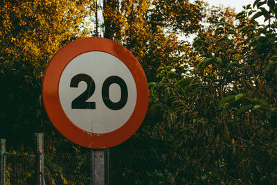 Close-up of road sign against trees