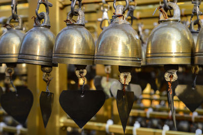 View of many beautiful old fashioned thai bells.