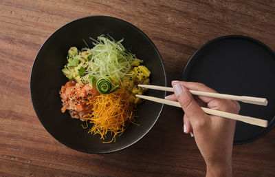 Cropped hand of person preparing food on table