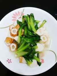 High angle view of served food in plate