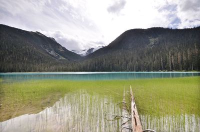 Scenic view of lake and mountains against sky