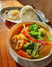 High angle view of soup in bowl on table