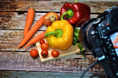 High angle view of fruits and vegetables on table