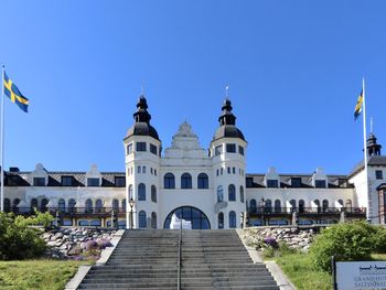 View of historic building against clear blue sky