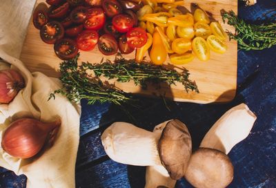 High angle view of mushrooms on table