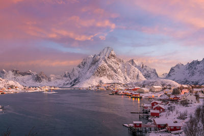 Scenic view of snowcapped mountains against sky during sunset