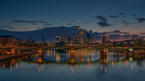 Illuminated bridge over river against sky at sunset