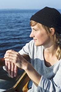 Smiling woman on boat, sweden