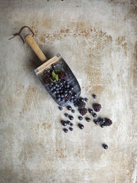 Blueberries and blackberries on trowel