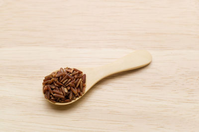 Brown long grain rice in wooden teaspoon
