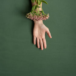 Close-up of woman hand against green background