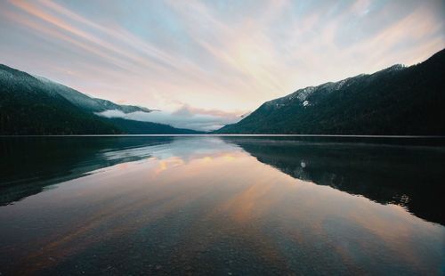 Scenic view of lake against sky during sunset