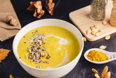 High angle view of soup in bowl on table