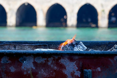 Fire on charcoal for food grilling.