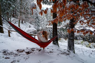 Woman resting in hammock on snow covered field