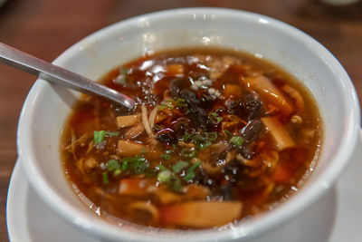 High angle view of soup in bowl on table