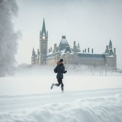 Rear view of woman walking on snow covered field in ottawa