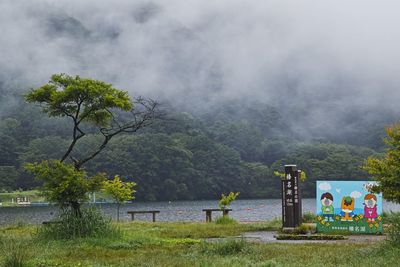 Scenic view of lake by trees against mountains