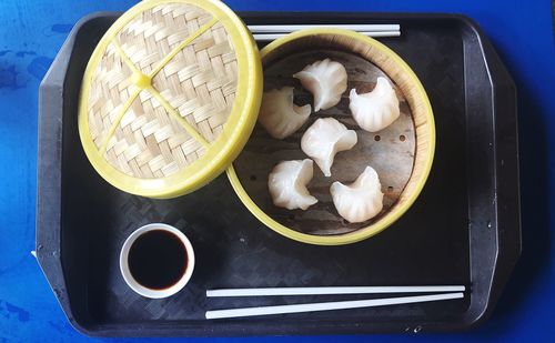 High angle view of breakfast on table