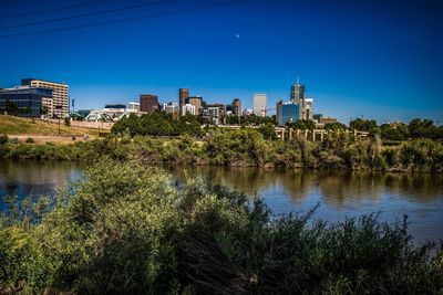 Scenic view of river by city against clear blue sky