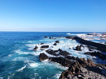 Scenic view of sea against clear blue sky