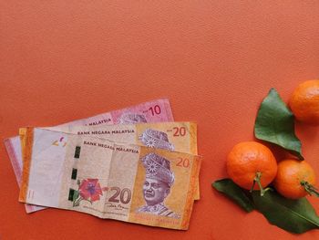High angle view of orange on table
