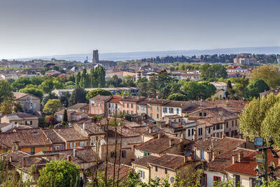 High angle shot of townscape against sky