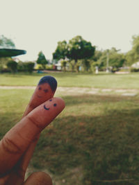 Hand holding grass against sky